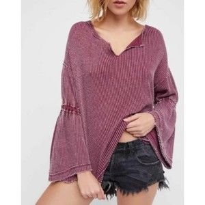 We The Free FP Dahlia Bell Sleeve Waffle Knit Top Purple Small Long Sleeve